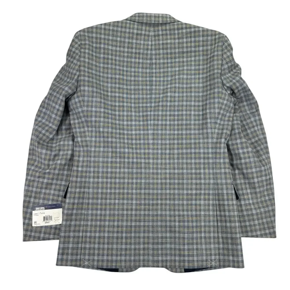 Tommy Hilfiger Mens TH Flex Conrad Modern Fit Plaid Sport Coat Blue Tan 38R